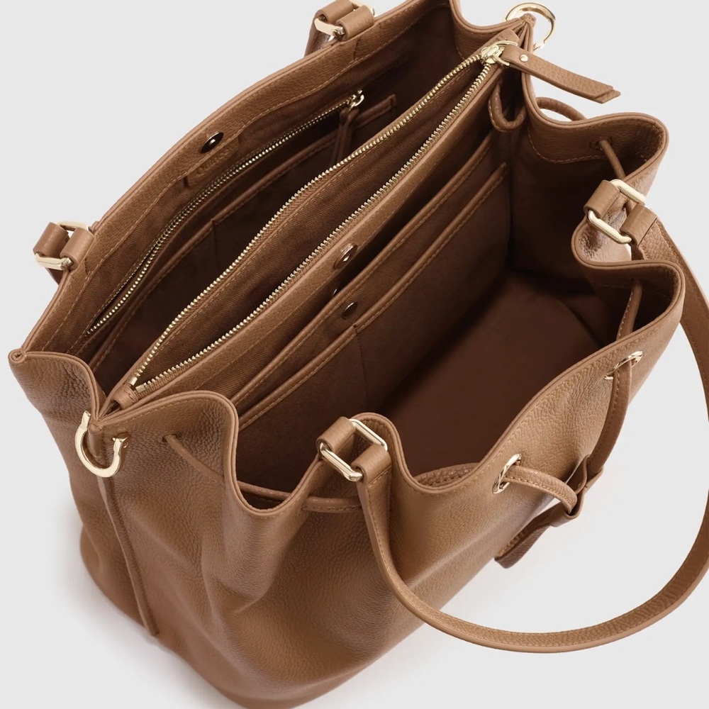 Italian Leather Triple Compartment Bucket Bag in Cognac - Picture 5 of 10